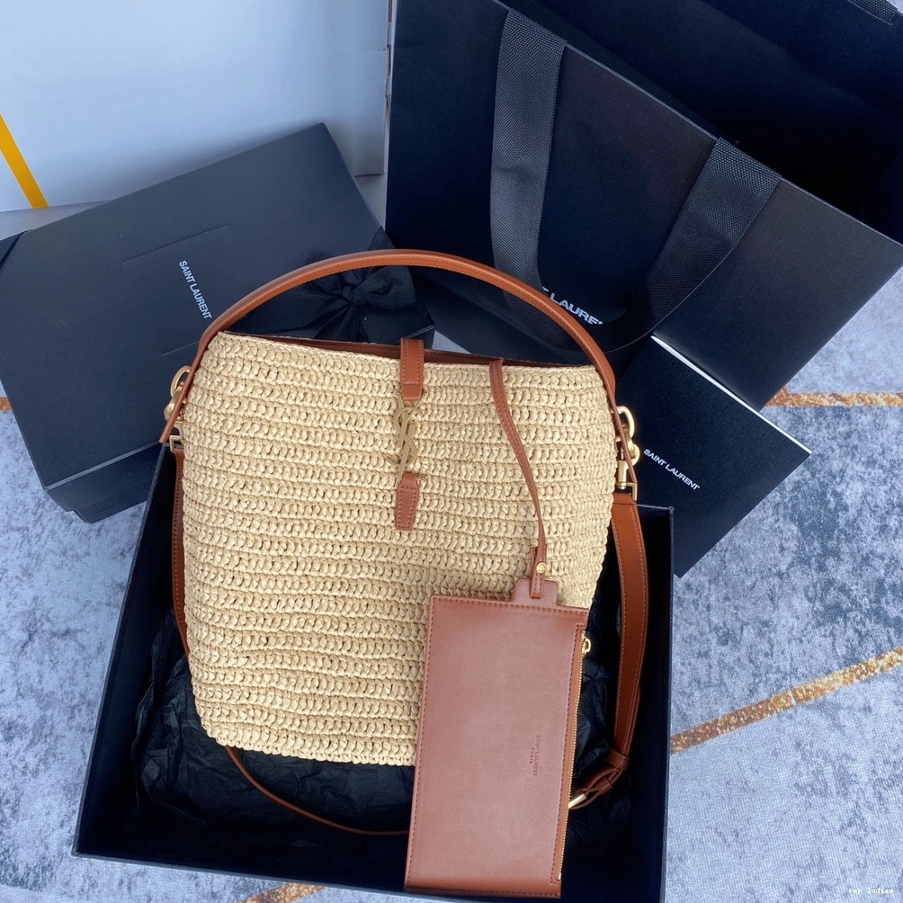 Rep ladies REP raffia Le 37 bucket leather-trimmed bag-20*25*16CM YSL 0803